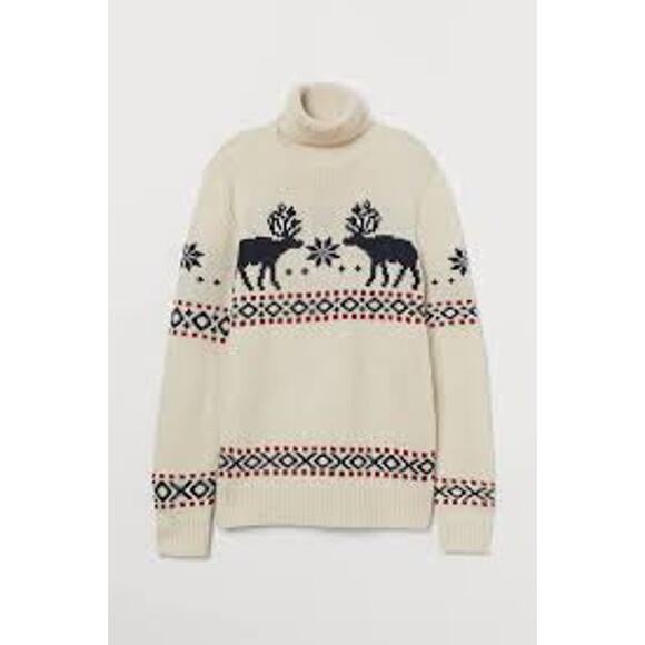 H&M Sweater Men’s Medium Ivory Black Red Ski Holiday Snowflake Reindeer SZ M - Picture 1 of 4
